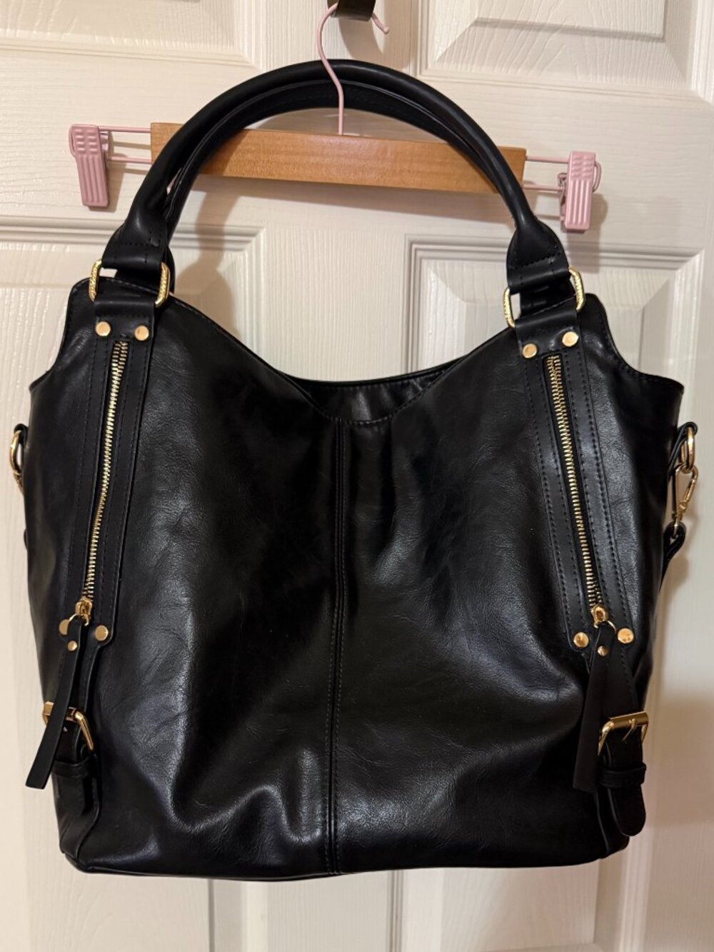 Black Faux Leather Convertible Tote Shoulder Bag Gold Hardware SKU089